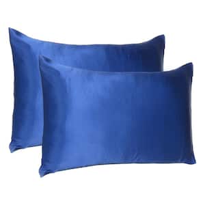 Amelia Navy Blue Solid Color Satin Queen Pillowcases (Set of 2)