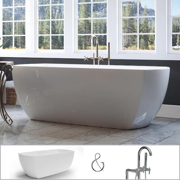 PELHAM & WHITE W-I-D-E Series Bloomfield 67 in. Acrylic Freestanding Tub in White, Floor-Mount Faucet in Polished Chrome