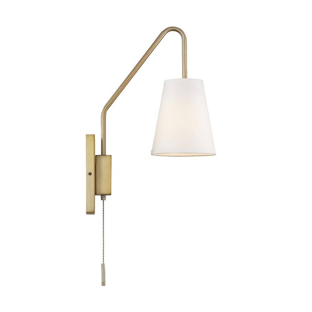 Owen Warm Brass Adjustable Arm Sconce with White Fabric Shade