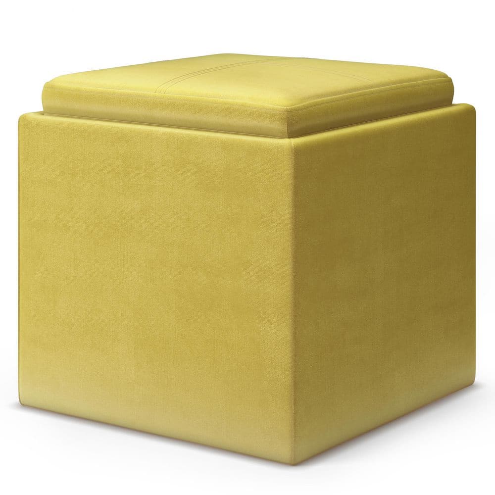 Dijon Yellow Velvet Cube Storage Ottoman with Tray