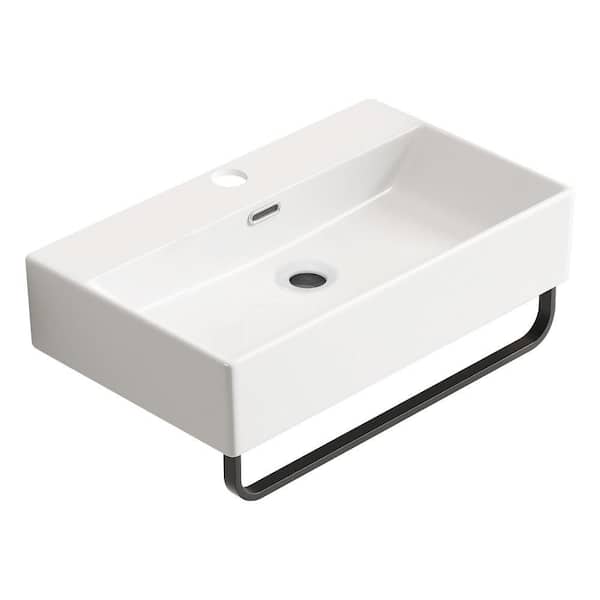23.63 in. W x 14.18 in. D x 5.32 in. H Wall Mounted Bathroom Ceramic Sink in White with Towel Rack