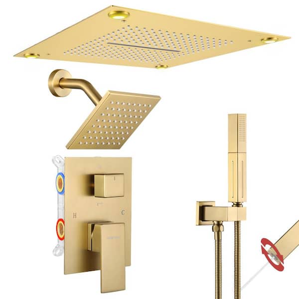 Luxury Single Handle 2-Spray Shower Faucet 1.8 GPM with 16 in. LED Rainfall and Pressure Balance Valve in Brushed Gold