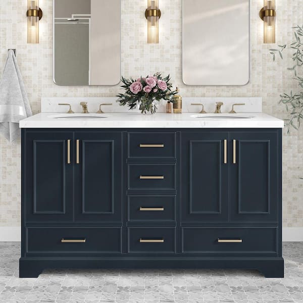 ARIEL Stafford 60 in. W x 22 in. D x 36 in. H Double Freestanding Bath Vanity in Midnight Blue with Carrara White Quartz Top
