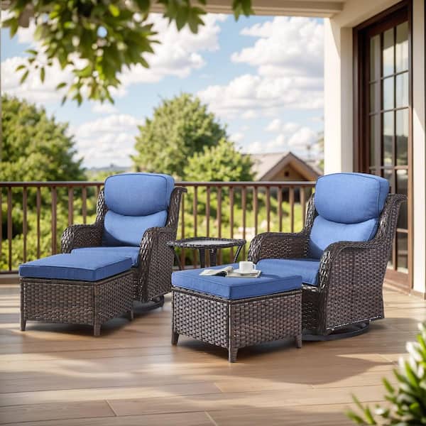 Carolina 5-Piece Brown Wicker Outdoor Swivel Glider Chairs with Side table thick Blue Cushions