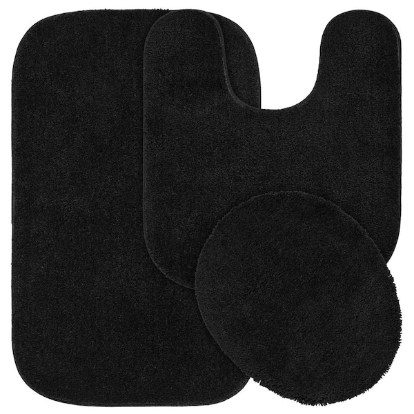 Traditional Black 3-Piece Washable Bathroom Rug Set