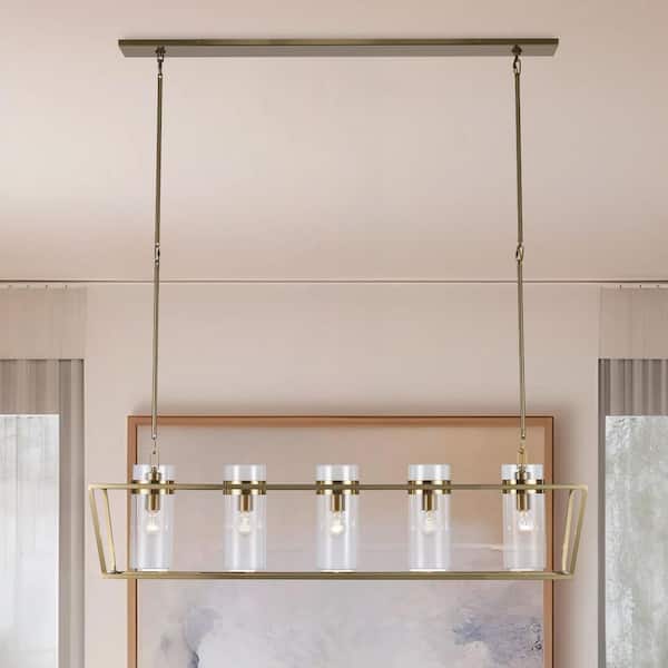 Rael 5-Light Antique Gold Linear Kitchen Island Pendant Light Fixture with Clear Glass Shades
