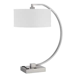 26 in. Nickel Metal Desk Usb Table Lamp with White Rectangular Shade