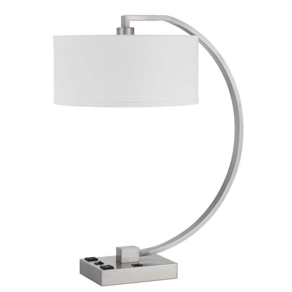 HomeRoots 26 in. Nickel Metal Desk Usb Table Lamp with White Rectangular Shade