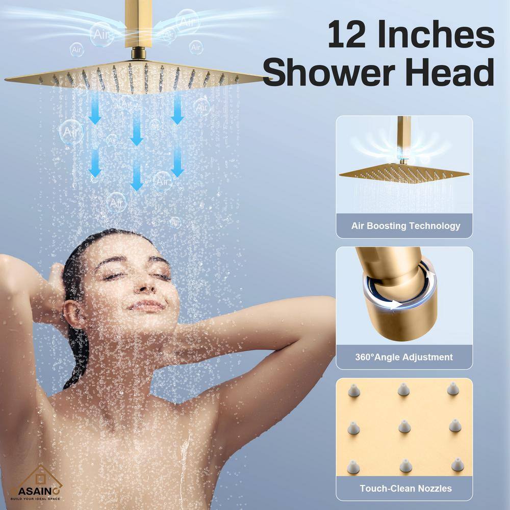 Brushed Gold 12" Stainless Steel Ceiling Mounted Shower System with 6 Body Jets