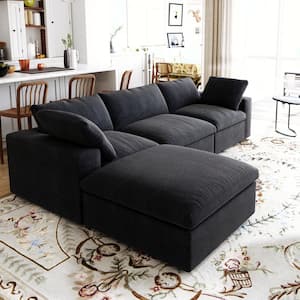 120 in. Flared Arm Linen Flannel Modular 3-Seat Overstuffed L-shape Sofa Free Combination Sectional with Ottoman, Black