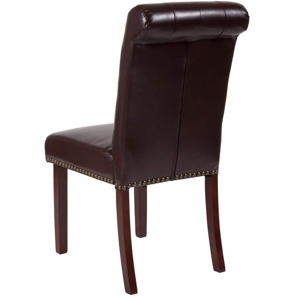 Brown Leather Parsons Side Chair with Walnut Finish
