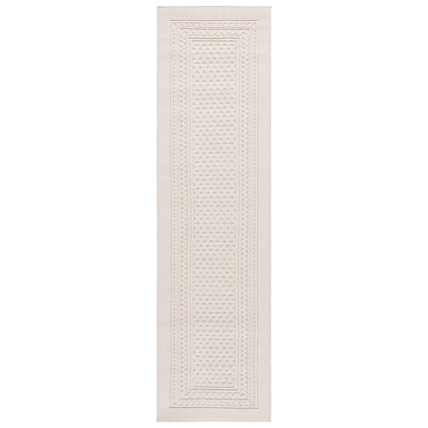 SAFAVIEH Global Light Beige/Ivory 2 ft. x 8 ft. Solid Ornate Border Indoor/Outdoor Runner Rug
