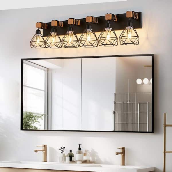 38 in. 6-Light Black Vanity Lights, Wall Sconces with Geometric Cage Lampshade and Wooden Accents, Bulbs Not Included