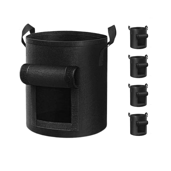 14 in. Dia Black Non-Woven Fabric Round 10 Gallon Potato Grow Bags with Harvest Window & Handles (5-Piece)