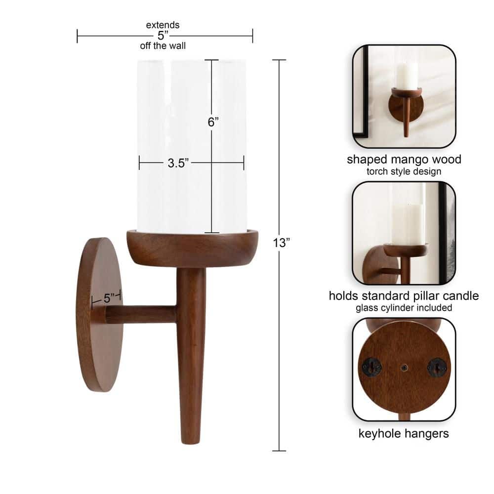 Shae Walnut Brown Mango Wood Wall Sconce with Glass Cylinder