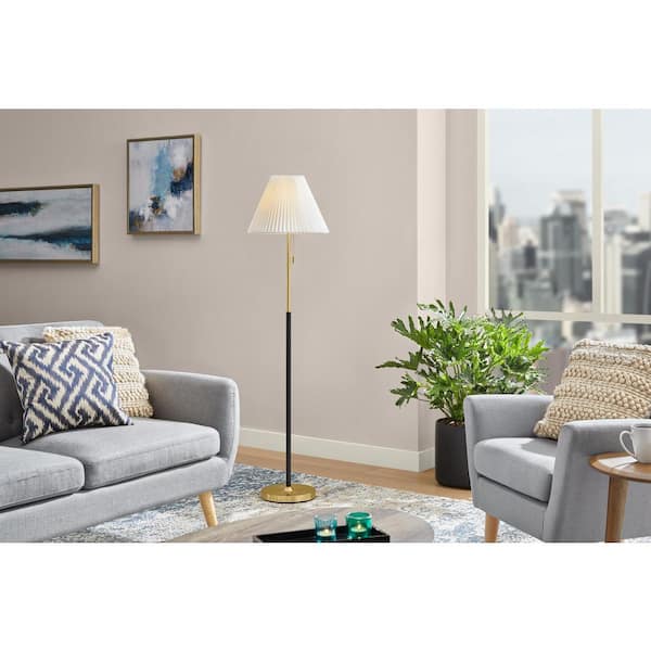 Hampton Bay Blakeley 58 in. Black and Gold 1-Light Standard Classic Floor Lamp with Pleated Fabric Bell Shade