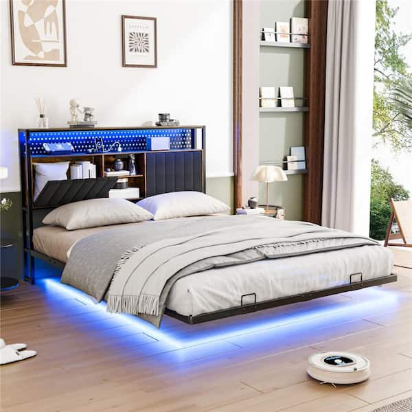 Multi-Colored Queen Size Floating Bed Frame Metal Bed Frame with LED Lights and Charging Station, Upholstered Headboard