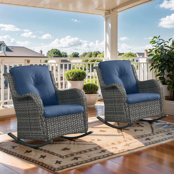 Opohoro Gray Wicker Outdoor Rocking Chair, Patio Rattan Rocker Chair with Navy Blue Cushions for Garden Backyard Porch (2-Pack)