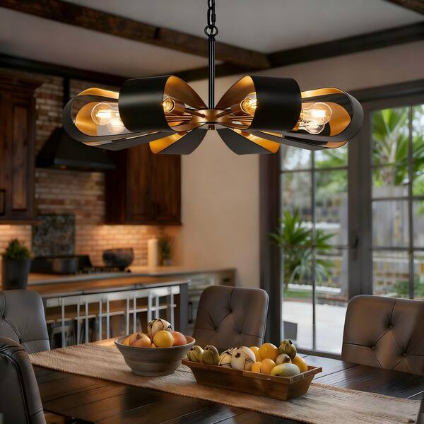 Modern Industrial 32.6 in. 8-Light Gold Round Chandeliers, Black Chandelier Lighting with Bow Petal Shade Living Room