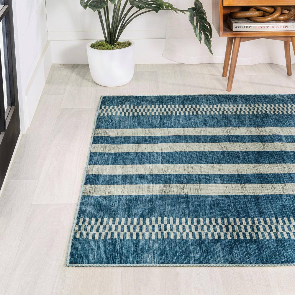 Blue and Cream Striped Machine-Washable Synthetic Area Rug