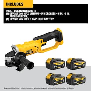 20V MAX Lithium-Ion Cordless 4.5 in. - 5 in. Angle Grinder with (4) 20V 3.0 Ah MAX Premium Battery Packs