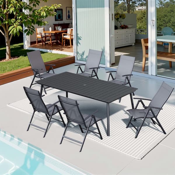 7-Piece 70 in. Black Rectangular Aluminum Wood-Like Outdoor Patio Dining Set, Gray Adjustable Backrest Metal Chair