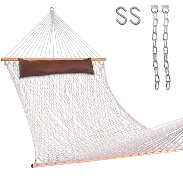 141 x 57 in. Hand Woven Cotton Hammock, 12 ft. Double Rope Hammock with Spreader Bar, Natural