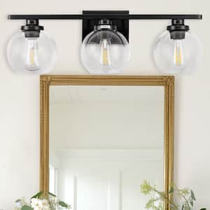 25 in. 3-Light Matte Black Vanity Light, Modern Farmhouse Wall Sconce with Open Globe Glass Shades for Bathroom