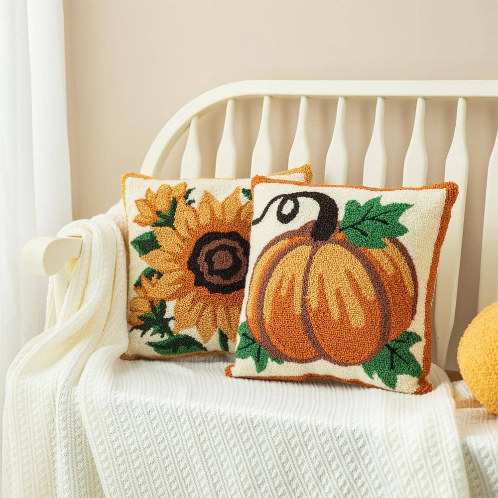 Handmade Hooked Pumpkin Fall Throw Pillow 14" x 14"