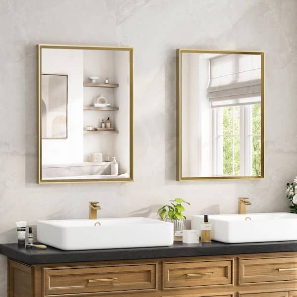 2 Pack 22 in. W x 30 in. H Modern Beveled Aluminum Frame Rectangular Wall Mirror, Brushed Gold