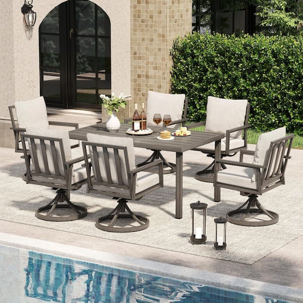 Quietude 7-Piece Gray Aluminum Patio Dining Set with Rectangular Table, 6 Swivel Dining Chairs and Light Gray Cushions