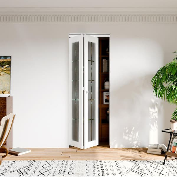 30 in. x 80 in. 10 Lite Decorative Frosted Glass Solid Core White PVC Covering MDF Bi-fold Doors with Full Accessories