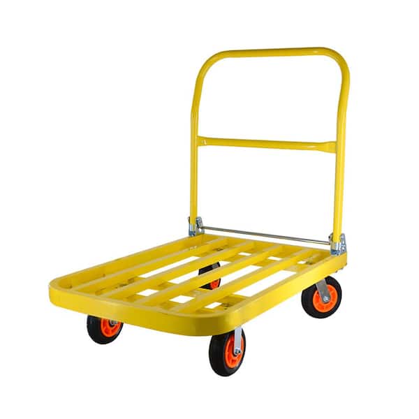Otryad 440 lbs. Capacity Heavy-Duty Dolly Flatbed Handcart, Steel Folding Platform Cart Push Hand Serving Cart in Yellow