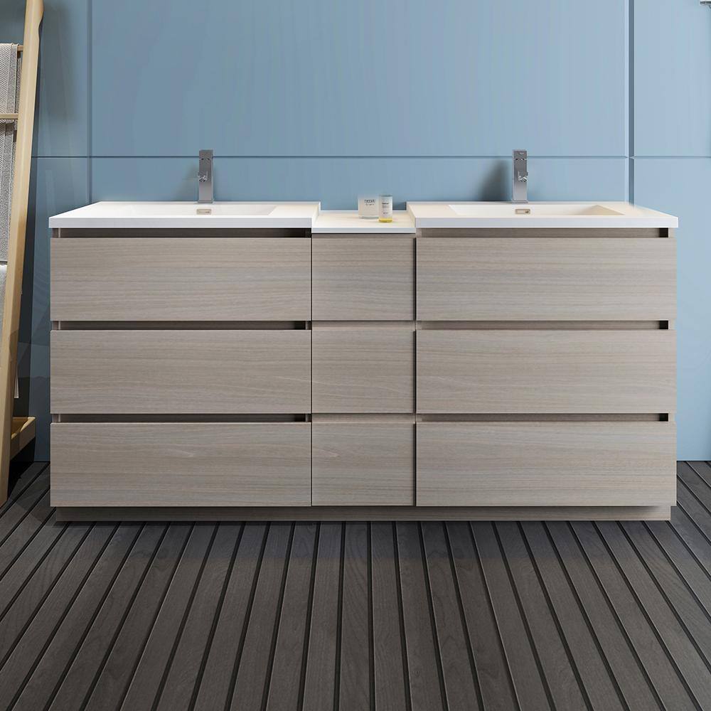 Transitional 72" Grey Double Sink Vanity with Acrylic Top