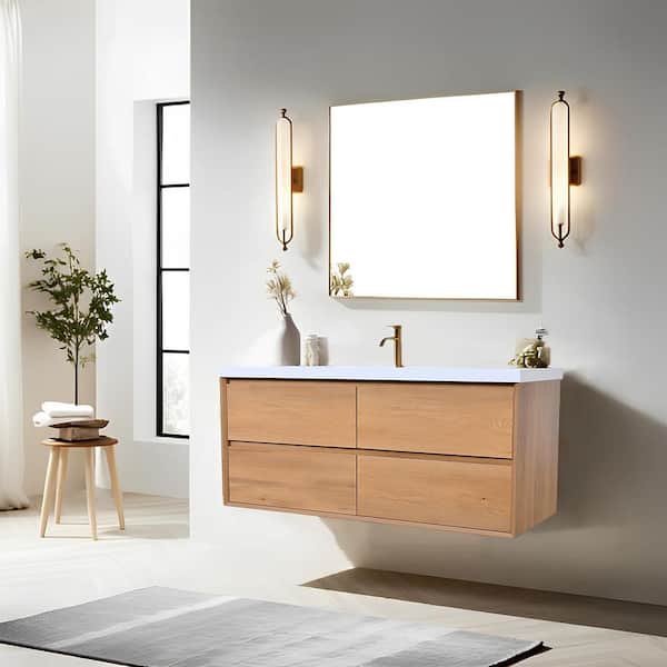 MinimalGrace 48 in. Single Sink Floating Oak Bath Vanity with White Resin Top
