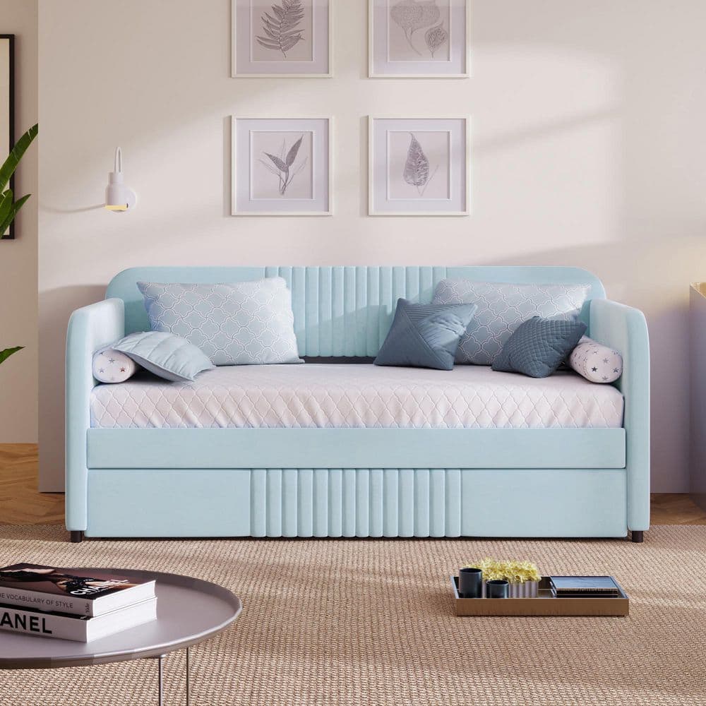 Light Blue Wood Frame Twin Size Daybed with Trundle Bed and Wood Slat price history on PriceWatchPro