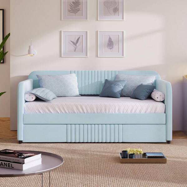 Polibi Light Blue Wood Frame Twin Size Daybed with Trundle Bed and