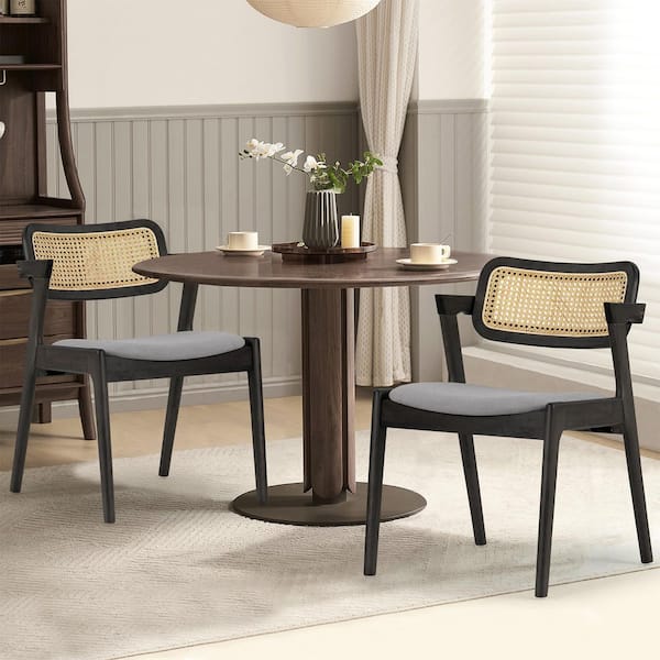 Glamour Home Azula Gray Fabric Dining Chair with Rattan Back and Black Wood Legs Set of 2