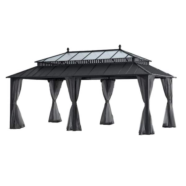 Kingston 20 ft. x 12 ft. Hardtop Gazebo with Steel Roof, Grey Aluminum Frame, Curtains, and Netting
