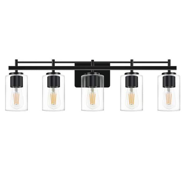 30.7 in. 5-light Black Vanity Light with Clear Glass Shade (1-Pack)