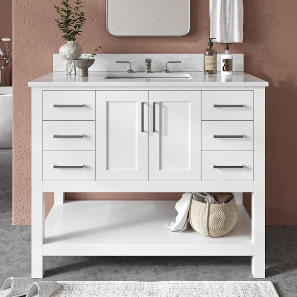 ARIEL Magnolia 43 in. W x 22 in. D x 36 in. H Bath Vanity in White with Carrara Marble Vanity Top in White with White Basin
