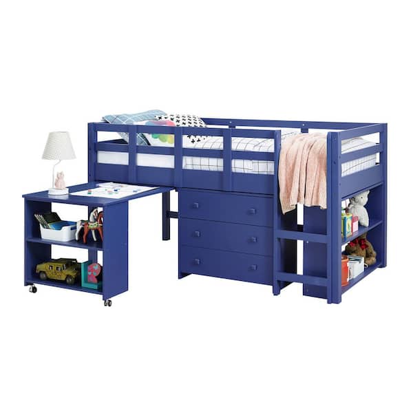 Homestock Blue Twin Loft Bed With Desk, Bunk Bed Dresser Desk