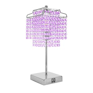 18 in. 1-Light Bedside Purple Crystal Table Task & Reading Lamp for Bedroom Chrome Dimmable Lamp with Crystal Shade