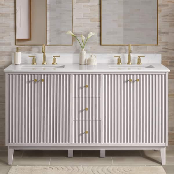 Sylvie 60 in. Double Sink Fluted Dove Bathroom Vanity with Volakas Engineered Stone Top (Assembled)