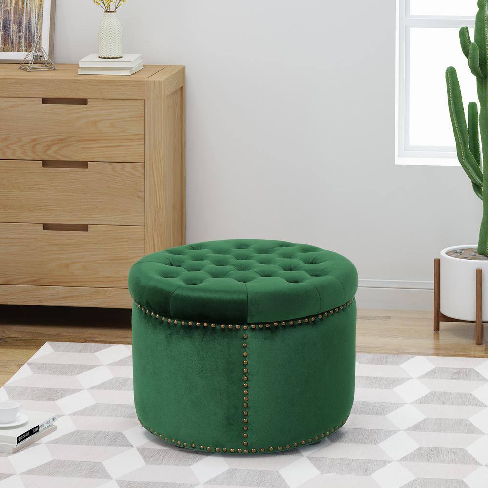 Emerald Green Velvet Tufted Round Accent Ottoman with Studded Detail