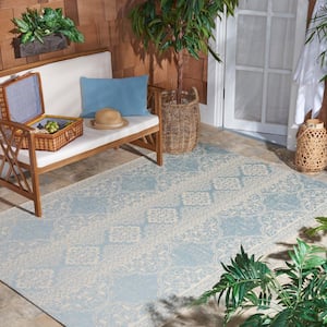 Beach House Cream/Aqua Doormat 2 ft. x 4 ft. Damask Floral Indoor/Outdoor Area Rug