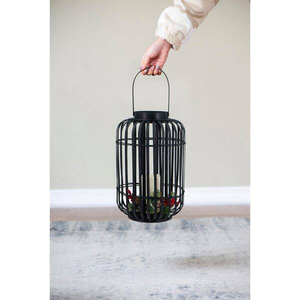 Bohemian 16 in. x 10 in. Black Cylindrical Bamboo Lantern with