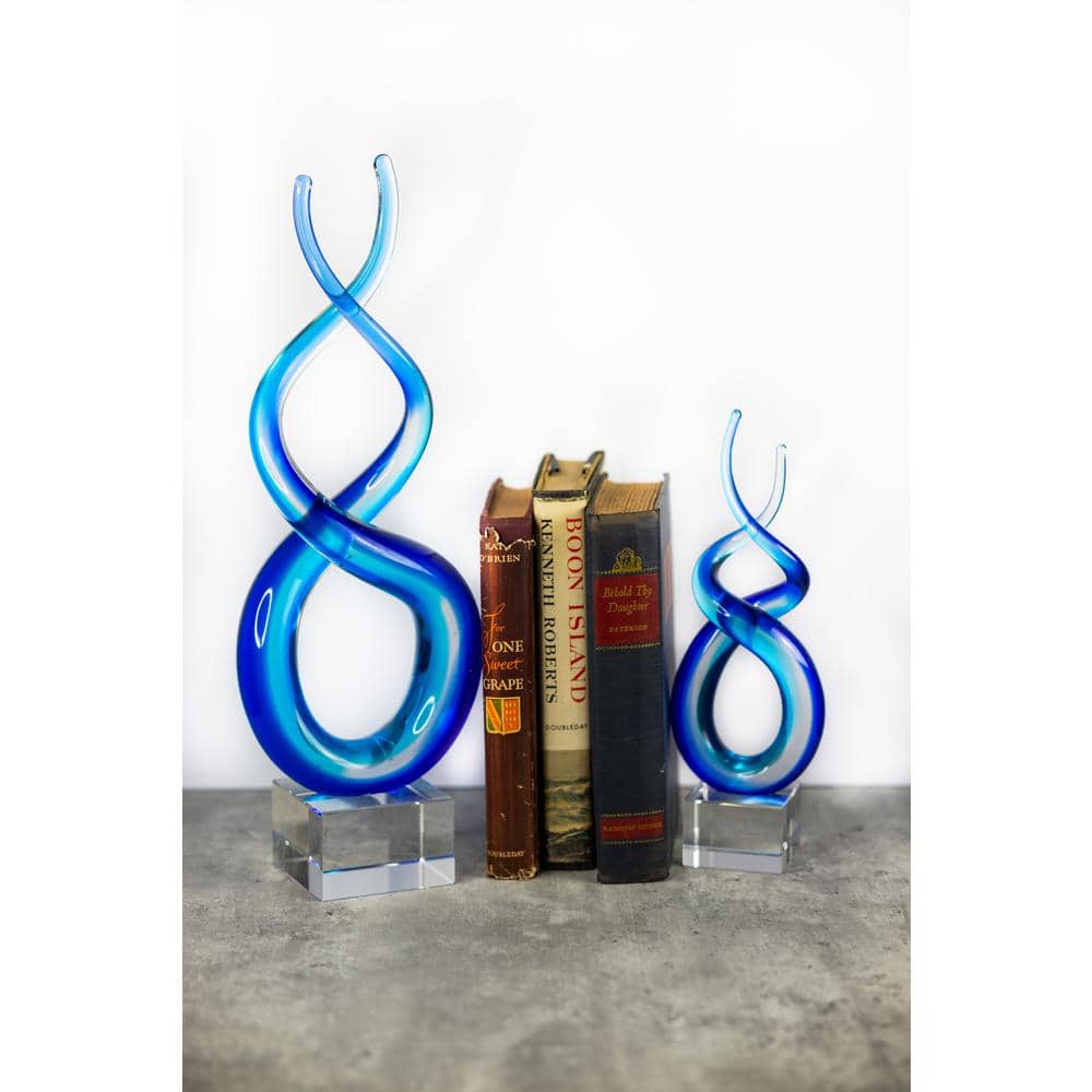 14" Blue Murano Style Handcrafted Glass Centerpiece with Crystal Base