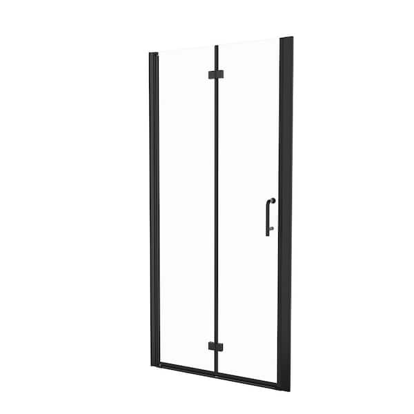 VANITYFUS 34 to 35-3/8 in. W. x 72 in. H Bi-Fold Semi-Frameless Shower Door in Matte Black Finish with SGCC Certified Clear Glass