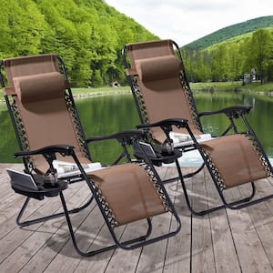 Folding Zero Gravity Metal Frame Recliner Outdoor Lounge Chair With Side Tray, Adjustable Headrest in Brown (2-pack）